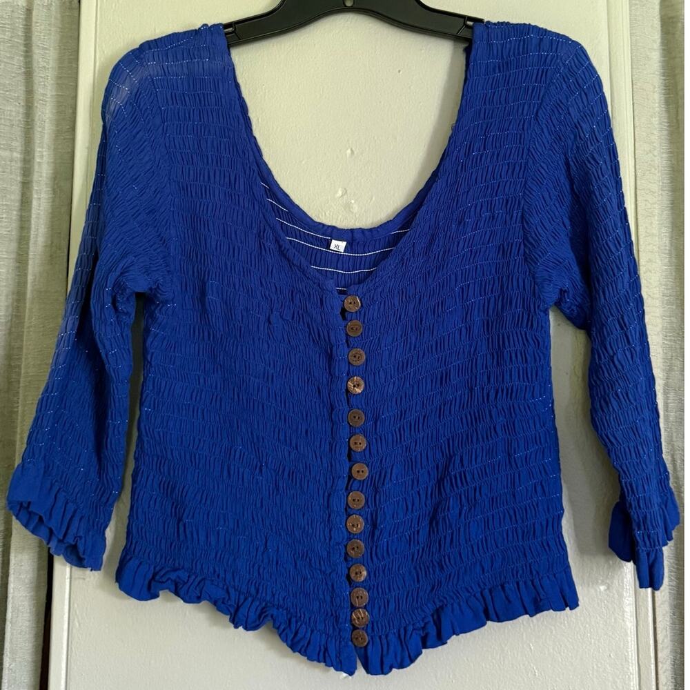 Vintage 90s Blue Boho Smocked Button Up Crop Top